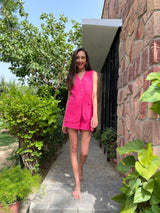 Mitaliwadhwa Hot Pink Linen Coat Set with Shorts