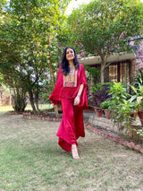 Mitaliwadhwa Kiri patch work kaftan top with flared pant (RED)