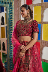 Tasuvure Banarasi Begum Ghaghra With Embroidered Blouse And Chunni - Royal Red