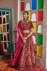 Tasuvure Banarasi Begum Ghaghra With Embroidered Blouse And Chunni - Royal Red