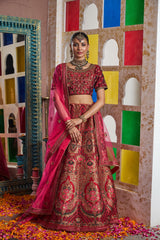 Tasuvure Banarasi Begum Ghaghra With Embroidered Blouse And Chunni - Royal Red