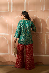 Tasuvure Banarasi Begum Tunic Set - Green and Red