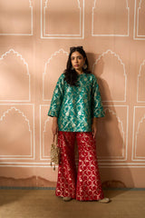 Tasuvure Banarasi Begum Tunic Set - Green and Red
