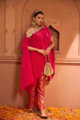 Tasuvure Divine Embroidered Cape Set With Banarasi Flared Pant - Fuschia