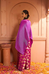 Tasuvure Divine Embroidered Cape Set With Banarasi Lotus Flared Pant - Hibiscus