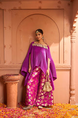 Tasuvure Divine Embroidered Cape Set With Banarasi Lotus Flared Pant - Hibiscus