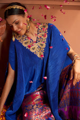 Tasuvure Divine V-Neck Embroidered Cape Set With Colorful Brocade Pant - Blue