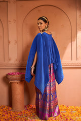 Tasuvure Divine V-Neck Embroidered Cape Set With Colorful Brocade Pant - Blue