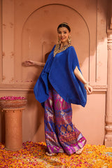 Tasuvure Divine V-Neck Embroidered Cape Set With Colorful Brocade Pant - Blue