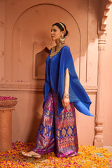 Tasuvure Divine V-Neck Embroidered Cape Set With Colorful Brocade Pant - Blue
