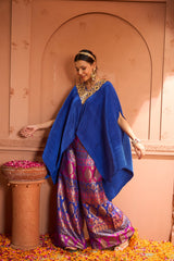 Tasuvure Divine V-Neck Embroidered Cape Set With Colorful Brocade Pant - Blue