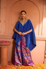 Tasuvure Divine V-Neck Embroidered Cape Set With Colorful Brocade Pant - Blue