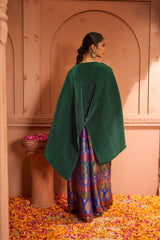 Tasuvure Divine V-Neck Embroidered Cape Set With Colorful Brocade Pant - Green