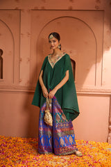 Tasuvure Divine V-Neck Embroidered Cape Set With Colorful Brocade Pant - Green