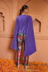 Tasuvure Divine V-Neck Embroidered Cape Set With Colorful Brocade Pant - Hibiscus