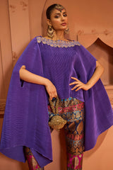 Tasuvure Divine V-Neck Embroidered Cape Set With Colorful Brocade Pant - Hibiscus