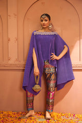 Tasuvure Divine V-Neck Embroidered Cape Set With Colorful Brocade Pant - Hibiscus