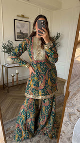 Tasuvure Elizey Paisley Embroidered Sharara Set - Emerald Green