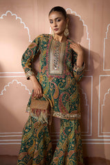 Tasuvure Elizey Paisley Embroidered Sharara Set - Emerald Green