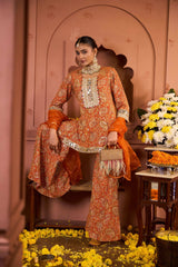 Tasuvure Elizey Paisley Embroidered Sharara Set - Orange