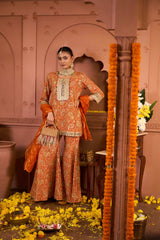 Tasuvure Elizey Paisley Embroidered Sharara Set - Orange