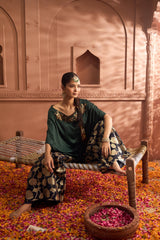 Tasuvure Kiri Embroidered Kaftan With Banarasi Lotus Sharara - Green