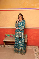 Tasuvure X MW Banarasi Begum Sharara Set w Pink Dupatta - Turqouise