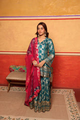 Tasuvure X MW Banarasi Begum Sharara Set w Pink Dupatta - Turqouise
