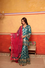 Tasuvure X MW Banarasi Begum Sharara Set w Pink Dupatta - Turqouise
