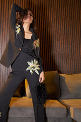 Tasuvure X MW Bianca Floral Blazer with Sequins Top and Coordinated Pants - Black