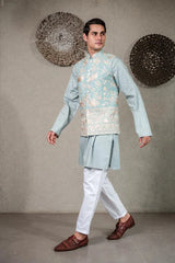 Tasuvure X MW  BLUE KURTA SET WITH AQUA BLUE GARA GLAZED JACKET