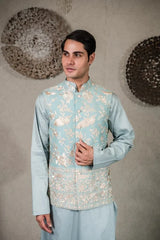 Tasuvure X MW  BLUE KURTA SET WITH AQUA BLUE GARA GLAZED JACKET