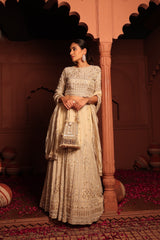 Tasuvure X MW Inaaya Cutdana Embroidered Lehenga Set with Sleeves and Dupatta - Ivory