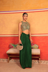 Tasuvure X MW indian / fusion wear Dua Embroidered Blouse with Dhoti Skirt - Green