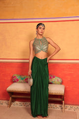 Tasuvure X MW indian / fusion wear Dua Embroidered Blouse with Dhoti Skirt - Green