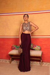 Tasuvure X MW indian / fusion wear Dua Embroidered Blouse With Dhoti Skirt - Wine