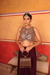 Tasuvure X MW indian / fusion wear Dua Embroidered Blouse With Dhoti Skirt - Wine