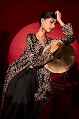 Tasuvure X MW  MW Inaaya Embroidered Long Jacket With Bustier and Skirt - Black