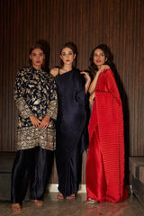 Tasuvure X MW Reyna Gara Glazed Potli Button Kurta With Pleated Pants- Blue