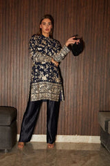 Tasuvure X MW Reyna Gara Glazed Potli Button Kurta With Pleated Pants- Blue