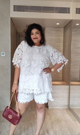 Tasuvure X MW White Schiffli Shorts Set