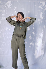 Mitaliwadhwa Olive Green Athleisure Set with Metallic Tassels