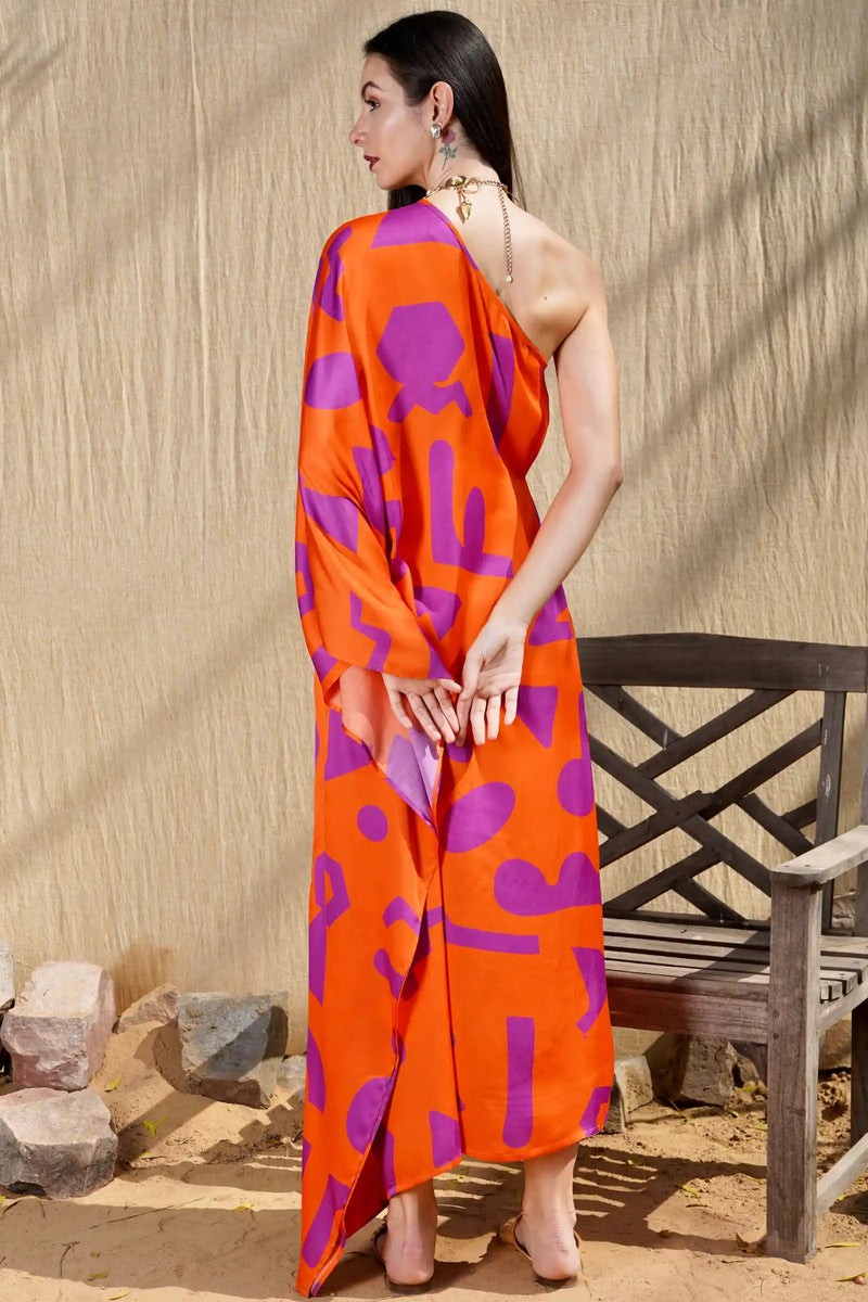 orange and purple one shoulder dress