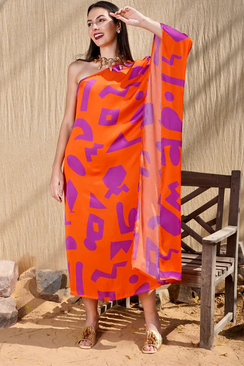 orange and purple one shoulder dress