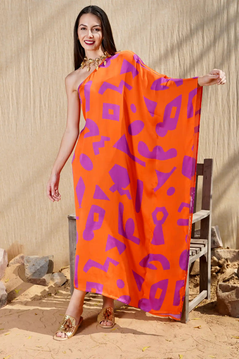 orange and purple one shoulder dress