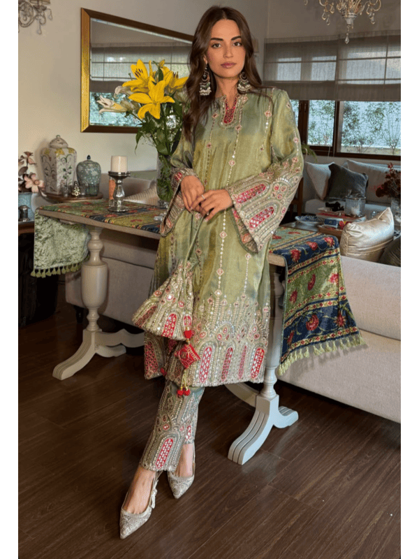 Tissue 3 Piece Kurta Set - Green