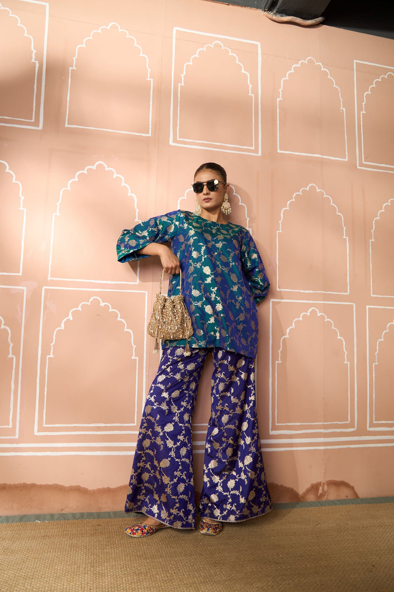 Banarasi Begum Tunic Set - Blue and Purple