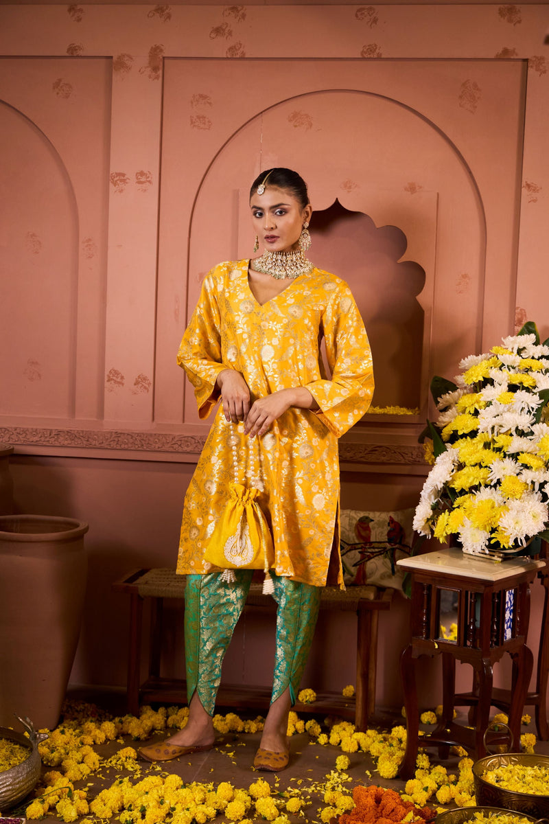 Banarasi Begum Tunic Set - Yellow and Green