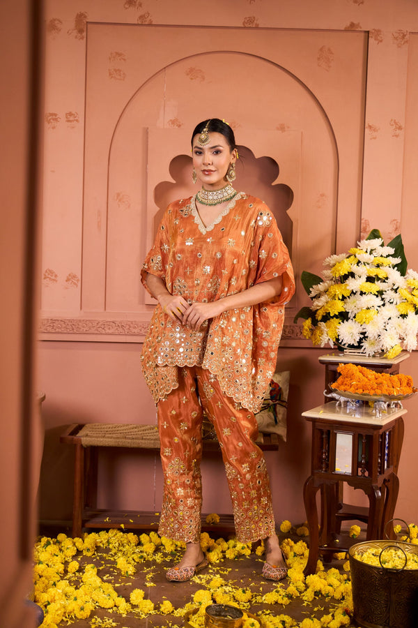 Aaina Adaa Mirror Work Kaftan Set - Orange