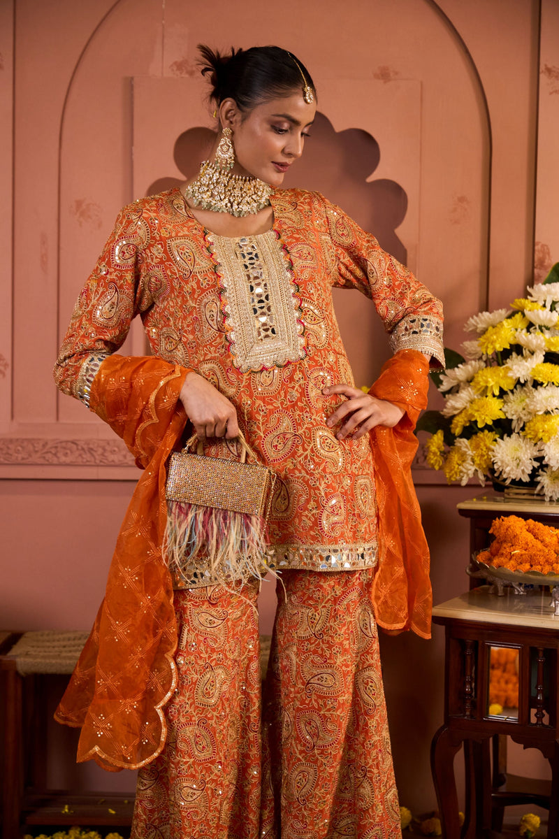 Elizey Paisley Embroidered Sharara Set - Orange